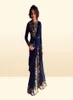 Gold Emboridery Applique Beaded Abaya Dubai Chiffon Kaftan Arabic Prom Gown Black Long Sleeve Front Slit Evening Gown7594990