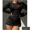 Women'S Swimwear Womens Bohemian Knitted Bikini Er Up Hollow Out Sexy Tops Long Sleeve Holiday Solid Beach Outputs Drop Delivery App Dhqp9