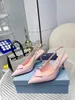 Mode triangel 75 mm sandaler pumpar Italien kvinnor känsliga tår elastiska slingback rem blå läder designer bankett party sandal höga klackar box eu 35-43