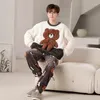 Men's Sleepwear Pajama Set Winter Thick Cartoon Bear Coral Velvet Round Neck Pyjama Male Unisex Warm Men Pajamas