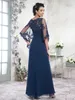 Marineblaue Kleider für die Brautmutter, Chiffon, A-Linie, bodenlang, langes Abendkleid, Ballkleider, eleganter Stil, Tüll mit Applikation, Cape YD