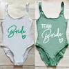 Costumi da bagno da donna Costumi da bagno Donna 2024 Verde Stampa Love TEAM Sposa Costume intero Bikini Donna Maillots De Bain Femmes Costume da bagno