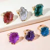 Band Rings Natural Agate Geode Sun Flower Slice Rings Electroplating Irregular Cluster Golden Edge Adjustable Ring Circle Jewelry for WomenL240105