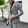 Men Double Breasted Two Piece Suit Coat Set Slim Fashion Business Casual Jacket British Style Wedding Dress Blazers Pants 240106