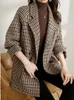 Giacca da donna vintage pied de poule in lana blazer doppiopetto scozzese giacca da donna moda capispalla coreana cappotto Blaser allentato 240105