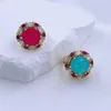 Pierścienie zespołowe 18K Gold Pave Ruby Color Cz Synteza Paraiba Tourmaline Flower Cluster Pierścień zaręczynowy Blue Stone Pierścień Wedding Jewelryl240105