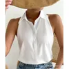 Kvinnors T-skjortor Kvinnor ärmlös Slå ner krage singel Breasted Print Blus T-shirt Streetwear Elegant Fashion Loose Shirt Top Casual