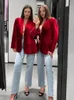 Traf Red Fashion Blazer for Women Vintage Velvet Single Button Fitted Blazer Ladies Elegant Office Casual Long Sleeve Jackets 240105