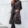 Femmes gilet manteau fausse fourrure rayure horizontale point ouvert longue veste d'hiver sans manches solide col rond épais vêtements d'extérieur quotidien 240106