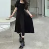 Basic Casual Dresses HOUZHOU Black Vintage Midi Dress Elegant Women Dresses Square Collar Puff Sleeve Oversized Loose Casual Sundress Female RobeL2404