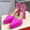 Pointed Toe High Heels Woman Satin Ankle Buckle Strap Runway Party Shoes Women Pumps Autumn Platform Shoes Woman 240106