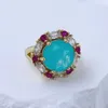 Pierścienie zespołowe 18K Gold Pave Ruby Color Cz Synteza Paraiba Tourmaline Flower Cluster Pierścień zaręczynowy Blue Stone Pierścień Wedding Jewelryl240105