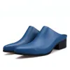 Halvhalva tofflor 5 cm höga klackar skor svartblå vita sommarkontor sandaler äkta läder spetsiga tå 2024 mode objektglas