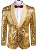 Giacca da uomo con glitter floreali in paillettes oro lucido con top formale da cantante con bottone singolo 240105