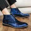 Klassische Mode, blaues Bling-Leder, spitzer Herren-Social-Schuh, Größe 38–45, elegante Hochzeitsschuhe, Herrenstiefel