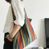 Retro Women's Canvas Shoulder Bag Rainbow Striped Linen Shopping Eco Large Capacity Handbag Tote For Girls Christmas Gifts 240106