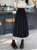 Houzhou Uzun Pileli Etek Kadınlar Vintage Kore Moda Katı Bel Aline Midi Okul Kız Zarif Günlük Sonbahar 240106