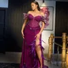 Purple Aso Ebi Prom Dresses for Special Occasions Mermaid Beaded Pearls Feathered Lace Elegant Evening Dresses Birthday Party Dress for African Black Women NL375