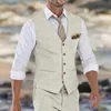 بيج الكتان بدلة السترة للرجال الزفاف الصيفية شاطئ الخصر الصدرية ضد الرقبة تكلفة الموضة الذكور 240105