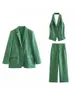 ZBZA Women's Suit Vest Wide Leg Pants Three Piece Set Fashion Blazer Y2K Sexy Vest Streetwear Vintage Green Blazer Set 240105