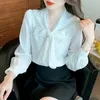 Women's Blouses Autumn Spring White Shirt Female Lace Long Sleep Blouse Elegant Bubble Sleeves Versatile Small Top Qy004