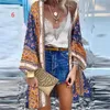 Blusas femininas boêmio praia cardigan verão blusa vintage floral impresso manga longa quimono casual solto férias topos camisa