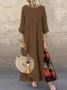 Mulheres vintage impressão retalhos maxi vestido boho 34 manga oversized longo casual harajuku o pescoço solto elegante robe 240106