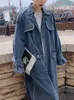 Spring Autumn Denim Trench Women Fashion Lapel Single Breasted Jacket Lady Vintage Pockets Laceup Long Jean Coat 240105