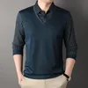 Vår- och höstens mäns pullover lapel falska tvådelar rutiga knappar lång ärm thirt polo botten mode casual formella toppar 240106