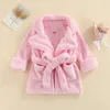 Rompers Children Kids Flannel Bathrobe Solid Color/Leopard Print Pocket Robe With Belt For Toddler Girls Boys Winter Clothing