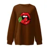 Women's Hoodies 2024 Women Casual Top Lip Pattern Printed Plush Sweatshirts Loose Long Sleeve Round Neck Oversized Pullover Sweater