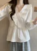 Blusas femininas 2024 primavera e outono borda de lótus com decote em v camisa de manga comprida versão coreana ajuste fino elegante sexy lanterna mangas topo