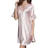 Robe de nuit en satin pour femmes, col en V, manches courtes, chemise de nuit en soie, dentelle, lingerie, 100 coton