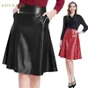 Röcke Kate Kasin Damen-Rock aus Kunstleder mit Taschen, ausgestellte A-Line-Röcke, Damen-Vintage-Reißverschluss hinten, Schwarz/Rot, Midirock aus PU-Leder