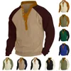 Herren-T-Shirts, Patchwork-Langarm-T-Shirt, Knopf, V-Ausschnitt, Raglanärmel, lockeres Oberteil, Frühling, Herbst, Outdoor, lässige Pullover