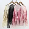 Women's Blouses Sexy Beaded Shirts O-Neck Perspective Pullover Sequined Long-sleeved Gauze Spliced Hollow Mesh Dance Long Sleeved Tops