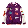 Flocking Patch Print Baseball Uniform Retro PU Leather Sleeve Splicing Jacket Men Harajuku Style American Couple Bomber Clothing 240105