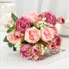 Dekorativa blommor konstgjorda rosor buntar av silke handgjorda plasthem blommor arrangemang pion bröllop dekoration