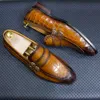 Mocassins masculinos de couro genuíno, slip-on, festa de casamento, fivela dupla formal, sapatos sociais com estampa de crocodilo para homens