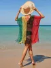 Rainbow Crochet Dress Knit Beach Cover Up Short Sleeve Tassel Tunic Women Fashion 2022 New Beachwear Baddräkter 5