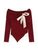 Women's Sweaters Sweet Bow Pullovers For Women Slash Neck Long Sleeve Tunic Jumper Pull Femme Fashion Red Knitted Tops Sueter Mujer