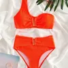Mode sexig orange v-hals en-axel med hög midja bikini tvådelar kvinnors baddräkt kvinnor bikini strand kvinnor badkläder 240105