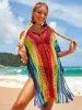 Rainbow Crochet Dress Knit Beach Cover Up Short Sleeve Tassel Tunic Women Fashion 2022 New Beachwear Baddräkter 5