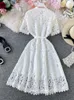 Women Elegant Hollow Out Lace Dress Office Lady Summer Solid O-Neck Button up Sashes Midi Dress Female Chic Short Sleeve Dress 240105