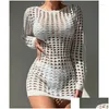 Women'S Swimwear Womens Bohemian Knitted Bikini Er Up Hollow Out Sexy Tops Long Sleeve Holiday Solid Beach Outputs Drop Delivery App Dhqp9