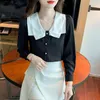 Kvinnors blusar 2024 Spring och Autumn Fashion Elegant Doll Neck Knapp Korean Långärmad Slim Fit Chiffon Shirt Cardigan Tops
