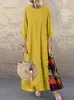 Mulheres vintage impressão retalhos maxi vestido boho 34 manga oversized longo casual harajuku o pescoço solto elegante robe 240106