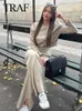 TRAF Sonbahar Moda Kadınların Gevşek Bombacı Ceket Pantolon Seti Bej Coatstretch Yüksek Bel Yan Cepleri Geniş Bacak Pantolon 2 Parça Set 240105