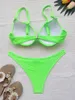 Sexig underwire bikini kvinnor solid neonrosa push up vadderad ihålig ut triangel baddräkt kvinnlig strandbaddräkt swmwear 240105