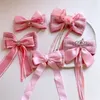 Hårtillbehör 2024 Fashion Crown Rhinestones Clip for Children Sweet Pink Series Tyg Lång band Bow Hairn Pirt Girl Headwear